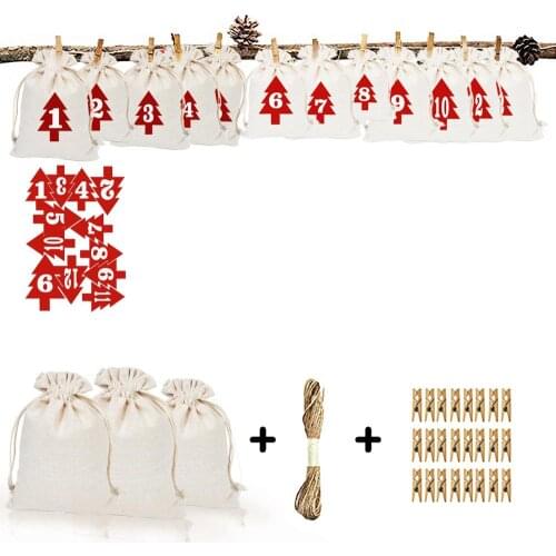 24pcs/set White Cotton Drawstring Bags Hanging Gift Linen Bag With Tag Clip Stickers Rope For DIY Home Christmas Decorations