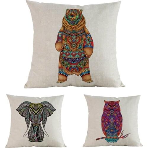 Abstract National Tribal Colored Pattern Animal Elephant Bear Owl Linen Throw Pillow Case Home Decoration Sofa Cushion Cover