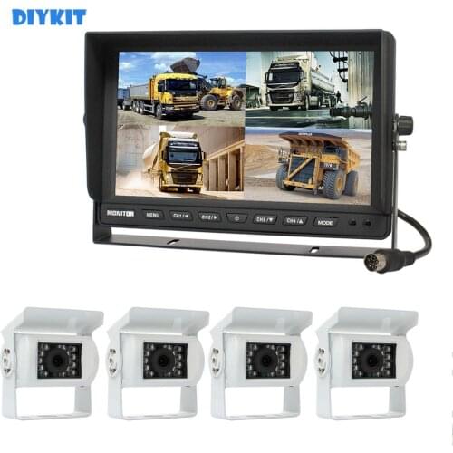 DIYKIT 4CH 10.1" 4 Split Quad Display Rear View Car Monitor + Night Vision Rear View LED Car Camera Waterproof for Car Truck Bus