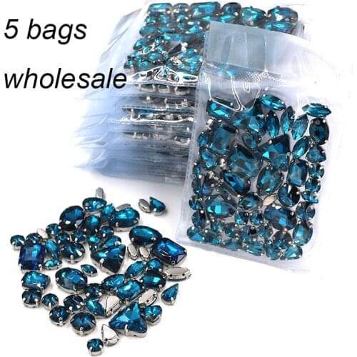 Free shipping Clothing accessories Wholesale 5 bags mixed shape glass crystal Peacock blue sew on rhinestones diy wedding dress