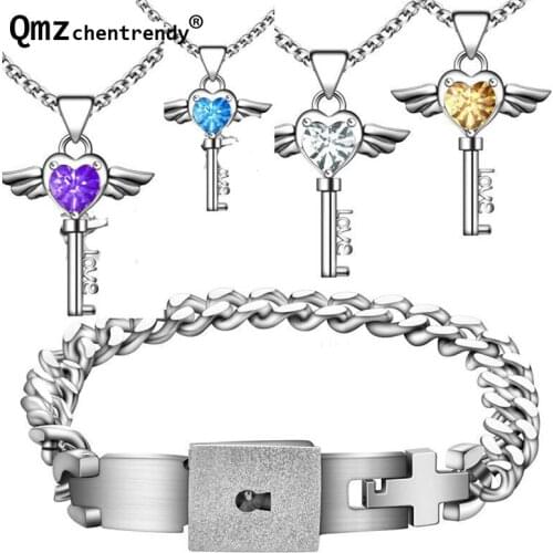 Titanium Steel Concentric Lock Bracelets Bangle Blue Purple Angle Stone Key Pendant Necklace Lovers' Jewelry Set Engagement Gift