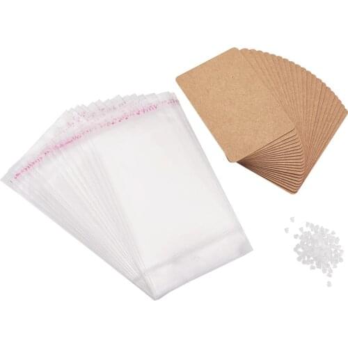 Pandahall 100PCS Paper Earrings Jewelry Display Cards with Plastic Ear Nuts and OPP Cellophane Bags, 90x60x0.1mm, Hole: 1~5mm