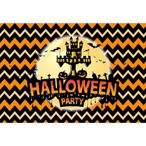 Black Yellow And Orange Wave Pjotography Background Black Magic Castle With Pumpkin And Bats Backdrop For Halloween Party Props
