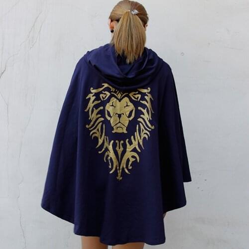 Game Clock Cosplay WoW Alliance Shirt Cloak with Cap Navy Blue Shawls Cotton Cloak Hoodie Cape Poncho for Adult Men Women