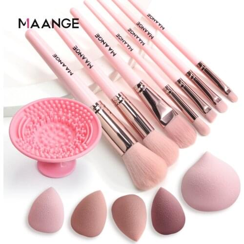 MAANGE Makeup Brushes Set+ 5pcs Sponge with Cleaner Pad Professional Make Up Brush Kits Tool Powder Eyebrow Blush Eyeliner Brush