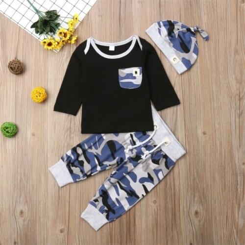 Newborn kids Baby boy Pocket Decor 3Pcs cotton clothes Long Sleeve T-shirt +camouflage Pants + Hat Outfits Clothing Set