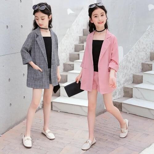 4 To 14 Year Kids Summer Clothes Sets Girls Long Sleeve Thin Blazer and Shorts For Children Gray Pink Teenage Girl Sets Clothing