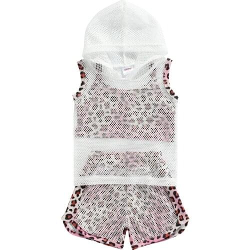 3Pcs Kids Summer Tracksuit, Leopard Print Spaghetti Strap Crop Tops + Shorts + Mesh Hooded Tank Tops for Girls, 1-6 Years