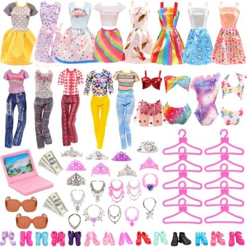Doll Clothes Accessories for Barbie 49 items= 7 Dress +3 Coat Pants +2 Swimsuit +10 Shoes +10 Hangers + 17 Miniature Kids Toys
