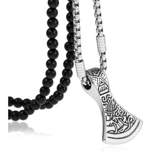 Mens Stainless Steel Scandinavian Ethnic Norse Viking Titanium Axe Pendant Necklace with Black Natural Stone Chain 26"