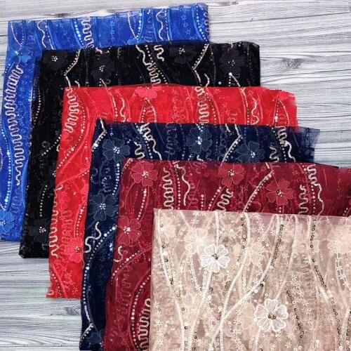 1Y/Lot Flower Embroidery Soft Mesh Transparent Sequins Fabric Fow Gilr Dress Evening Cloth Accessories