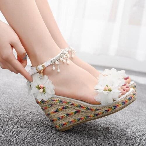9 cm flower beaded fish bill wedge sandals platform sandals Roman sandals hot style white sandals