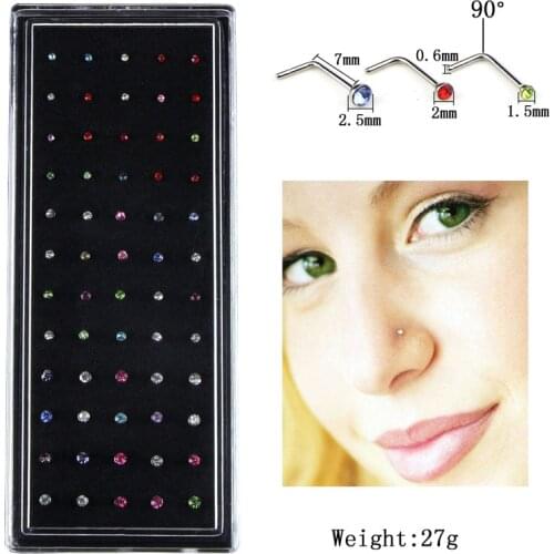 Ahmed 60pcs/set Steel Nose Ring Earrings Piercings Square Crystal Nose Screw Curved Prong Nose Stud Ring Piercing Body Jewelry