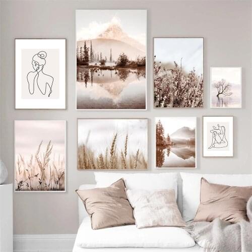 Weeds Forest Wheat Wall Art Poster Mountain Lake Tree Landscape Art Prints Women Body Line Drawing Canvas Painting Home Decor
