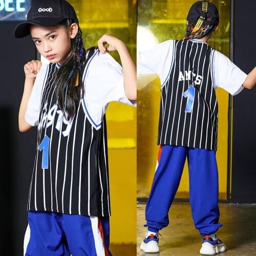 Hip-Hop Suit Boy Loose Striped Short-Sleeved Football Clothes ChildrenS Jazz Dance Costume Girls Hiphop Streetwear Tide DL5450