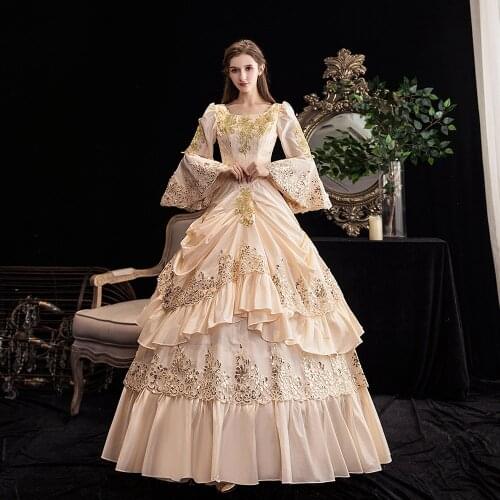 2020 Autumn Winter Champagne Long Flare Sleeve Masquerade Dress Annual Party catwalk Show Ball Gowns(Not include Hat)