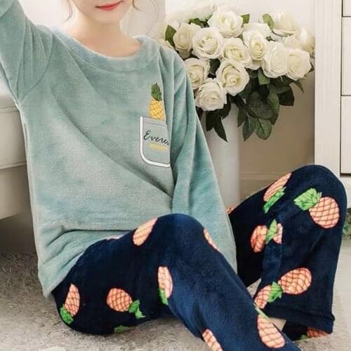 2021 Autumn Winter Warm Flannel Women Pyjamas Sets Thick Coral Velvet Sleepwear Ladies Long Sleeve Cartoon Pajamas Set Home Suit