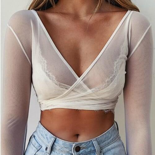Sexy Women Beach Blouse Cover Ups Solid Sheer Mesh Long Sleeve Perspective Bikinis Tops Bandage V Neck Swimsuits Bathing XXL