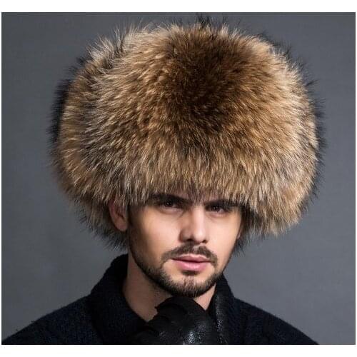 New Winter Luxury Natural Fox Fur Hats for men Brand Male hat Winter Warm raccoon Fur Bomber hats H607