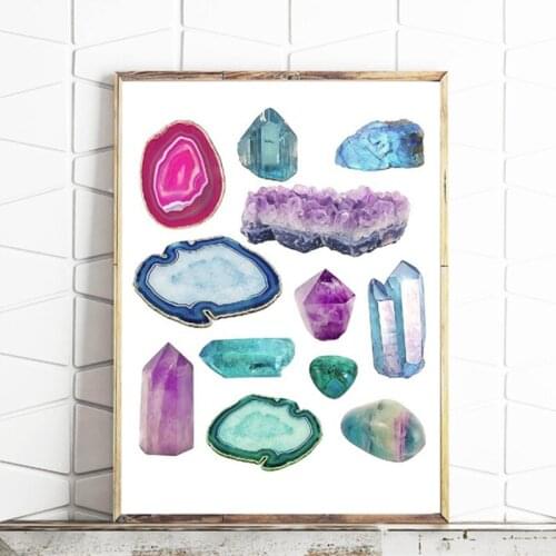 Vintage Gemstones Minerals Wall Art Print , Watercolor Gemstones and Crystals Painting Semi Stones Geology Home Decor