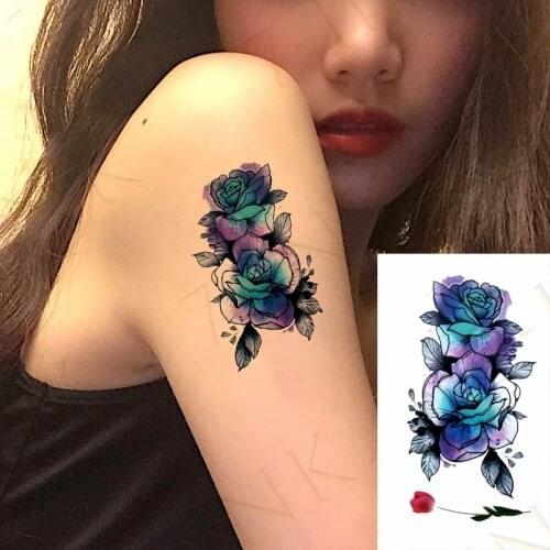 Waterproof Temporary Tattoo Sticker Watercolor Blue Rose Flower Peony Body Art Foot Arm Fake Tatto Flash Tatoo For Women Men