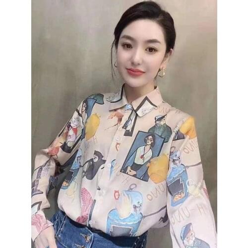 Summer New Arrival 100% Silk Shirt 2021 Women Runway Fashion Office Ladies Cartoon Print Single Breasted Popular Blouse