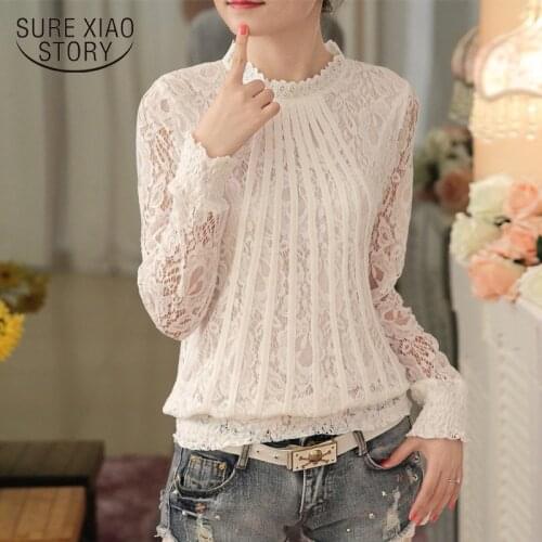 2021 New Fashion Women Tops Blouses White lace Blouse Long Sleeve O-neck Korean Casual Lady Blouse plus size Lace Shirts 61C 25
