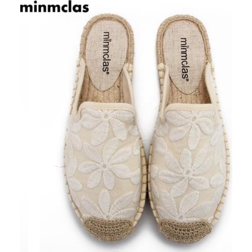 MInmclas New Slippers Flower Comfortable Ladies Womens Casual Espadrilles Shoes Breathable Flax Hemp Canvas for Girls Lovely
