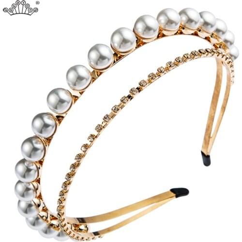 Trendy Rhinestone Pearl Headband for Women Hair Band Crown Tiaras Bridal Headwear Wedding Hair Accessories Ornaments 2021 New