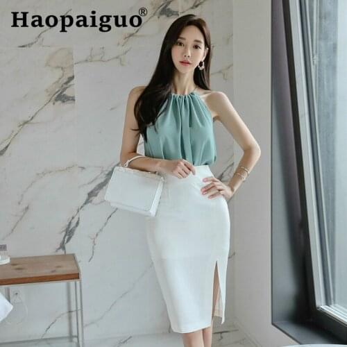 Plus Size Modis Casual Women Two Piece Set Sleeveless Blouse and Corset Bodycon Wrap White Skirt Elegant Summer 2 Piece Set
