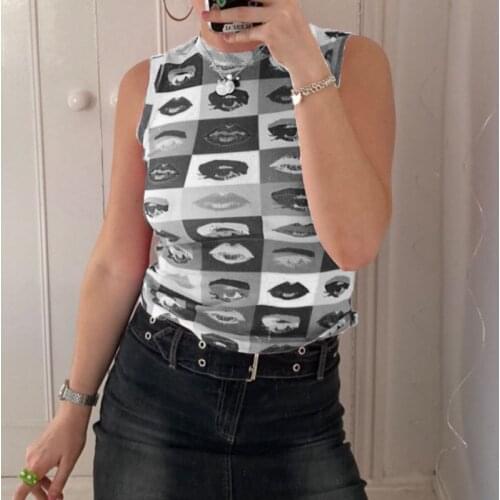 Puloru Y2K 90s Vintage Womens Sheer Mesh Tank Tops Harajuku Gothic Lips Eyes Graphic Slim Fit Round Neck Sleeveless Vest