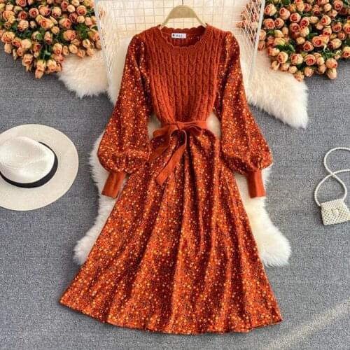 Autumn Vintage Puff sleeve Print Floral Dress Knitted Patchwork High Waist A-Line Party Dress Elegant Bandage Dresses Women 2021