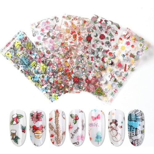 10pcs Christmas Decorations for Nails Mix Colorful Transfer Nail Foil Sticker Snow Flower Elk Gift Santa Adhesive Paper YXL287