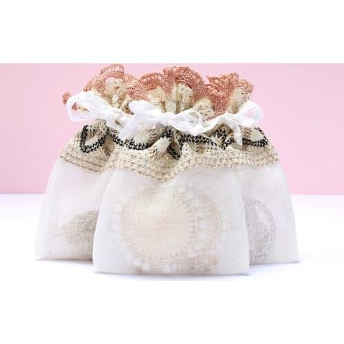 6/12/24pcs 10X14CM Handmade Cream-colored Wavy Lace Bags Slub End Drawstring Jewelry Bag Perfume Gift Bag