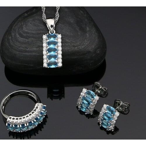 925 Silver Jewelry Sets Gift For Women Sky Blue Cubic Zirconia White Crystal Stud Earrings Ring Pendant Necklace Set