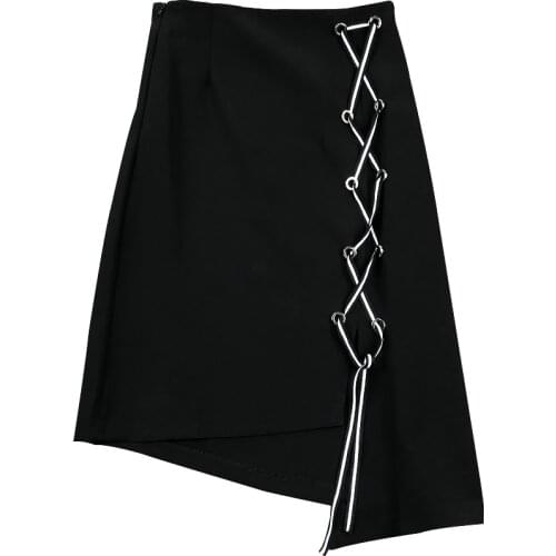 PERHAPS U Black Solid Asymmetrical Lace Up A Line Knee Length Midi Skirt Empire High Street S0076