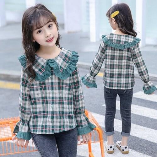 Blouses Baby Girl 2021 Spring Cotton Shirt for Teens Kids Plaid Blouse Big Collar 4 5 7 9 11 13 Years Girl Clothes Teenagers