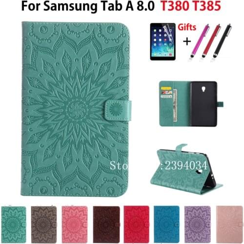 Case For Samsung Galaxy Tab A 8.0 SM-T380 T385 2017 8.0 inch Cover Funda Fashion Tablet Sun Embossed PU Leather Shell+Film+Pen