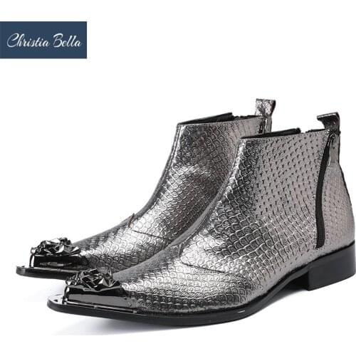 Christia Bella Snake Skin Men Shoes Genuine Leather Boots New Fashion Metal Pointed Toe Boots Large Size Zipper Short Boots