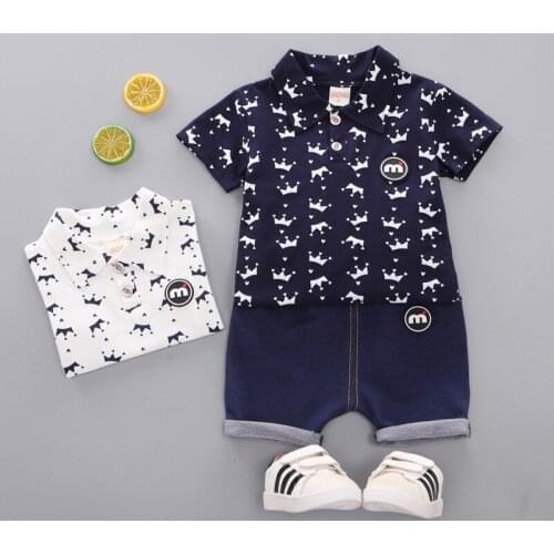 Summer Baby Boys Short Sleeve Crown Print T-shirt Tops+Denim Shorts Casual Outfits Sets Baby Boys Clothes Sets f
