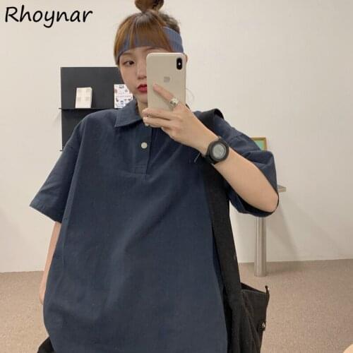 T-shirt Women Couple Cotton Summer Solid Casual Turn-down Collar Simple Popular All-match Basic College Unisex Short Sleeve New