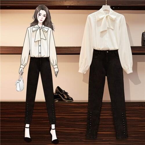 Real shot net red hot spring new large womens suit fat sister chiffon shirt and underpants two piece set 0851