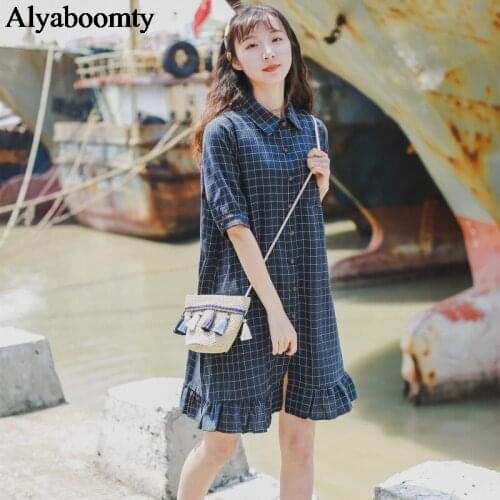 Mori Girl Summer Women Mini Dress Turn-Down Collar Navy Blue Red Plaid Casual Loose Clothes Cotton Linen Ruffles Shirt Dresses