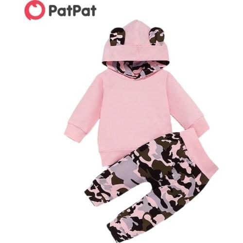 PatPat New Arrival 2021 Spring and Autumn 2-piece Baby Solid Hoodie and Camouflage Pants Set Baby Clothing