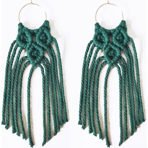 Macrame Hand Woven Tassel Earrings Bohemian Handmade Cotton Fringed Tassel Dangle Earrings Ethnic Style Hoop Earrings Boho Gift