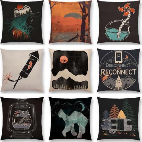 Bear wolf Wild Bonfire Forests Night Mountains Rivers Sun Moon Winter Exploration Camp Aurora Cushion Cover Sofa Pillow Case