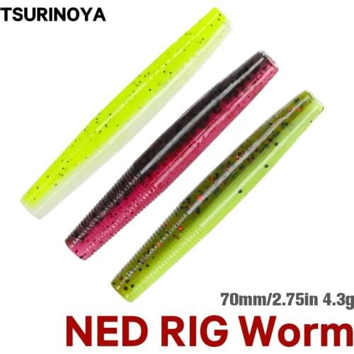 TSURINOYA Ned Rig Stick Worm Soft Fishing Lure 4.3g 70mm 10pcs Artificial PTR Bass Lure Bait Finesse Spinner Soft Baits