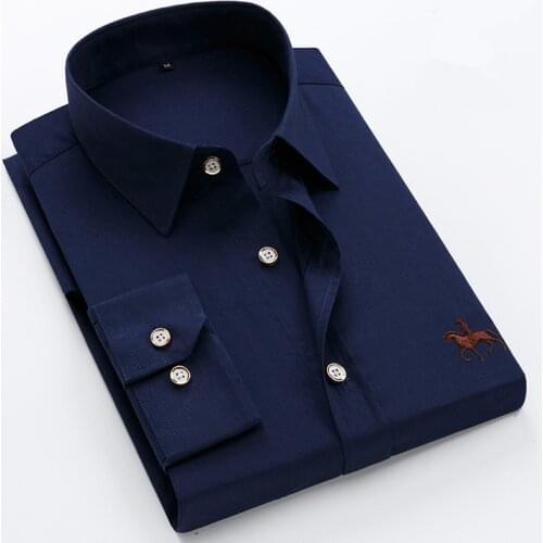 Solid Color Embroidery Long sleeve Shirt for Men 6XL100% Pure Cotton No Pocket Horse Embroidery Thin Casual Business Work Shirt
