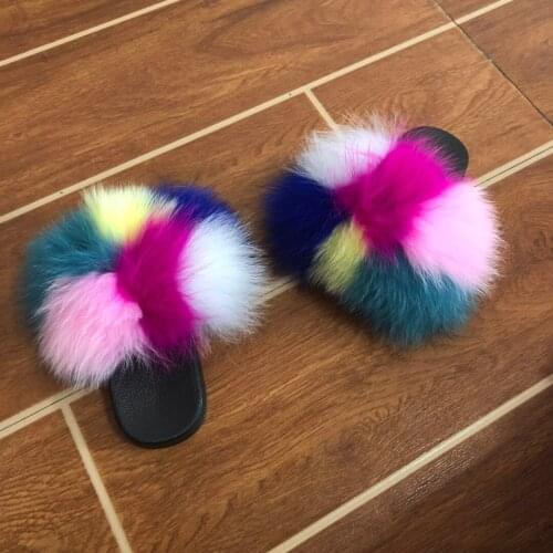 Kids Real Fox Slippers Cute Raccoon Slides Fluffy Slippers Toddler Slipper Baby Girls Fur Slides Summer Flip Flops With Fur