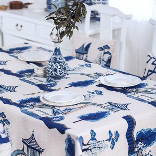 Modern Chinese Blue Flower Table Cloth Thick Linen Customize Dining Tablecloth Coffee Restaurant Home Decorative Cloth Cover